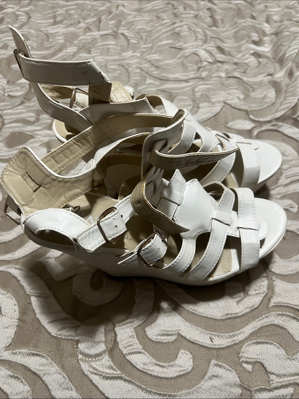 White Strappy Wedge Heels with Buckle Detail